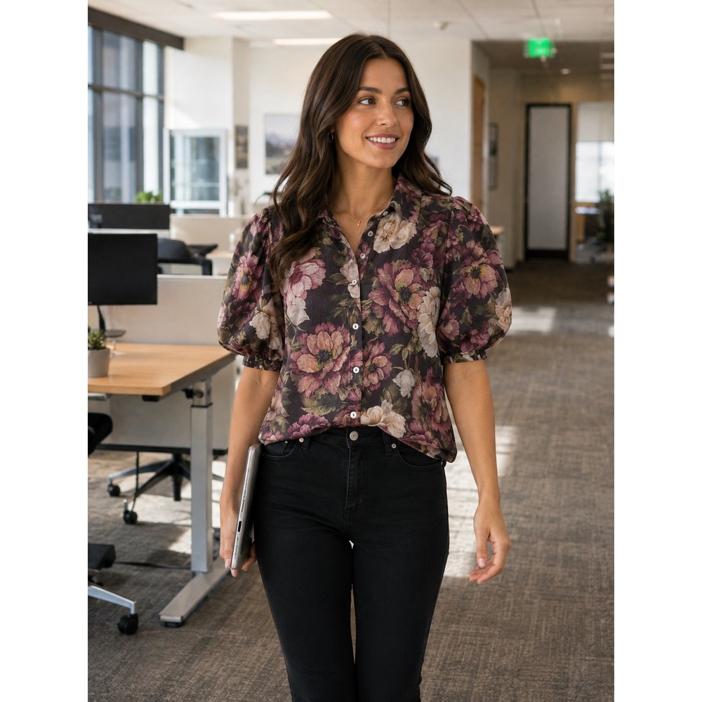 Lucky & Coco Floral Puff Sleeve Button Down Blouse Top NWT Medium
